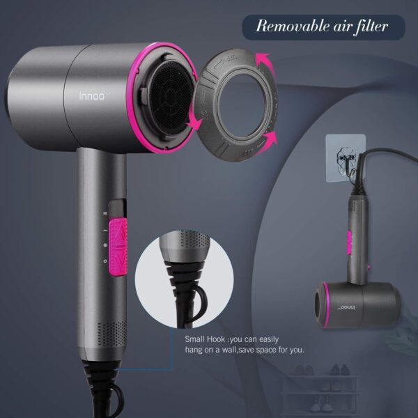 HappyGoo Hair Dryer Professional Ionic Hairdryer with 2 Speed 3 Heat Setting, Cool Shot Button, 1 Diffuser & 2 Concentrator, Hairdryers for Women & Man - Light Gray - Image 5