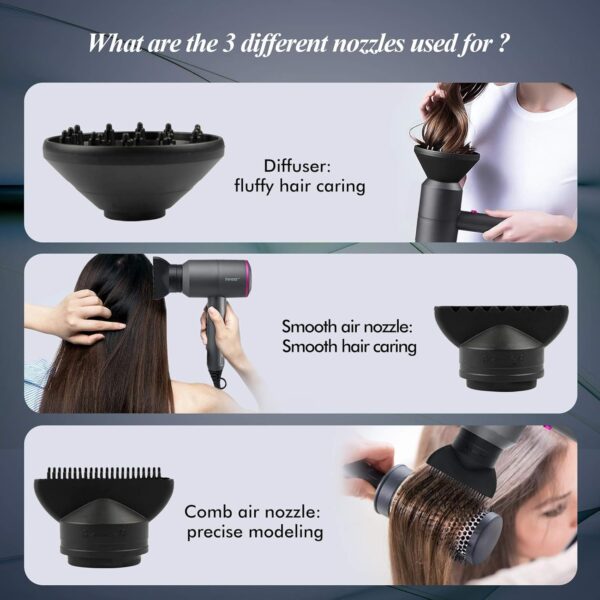 HappyGoo Hair Dryer Professional Ionic Hairdryer with 2 Speed 3 Heat Setting, Cool Shot Button, 1 Diffuser & 2 Concentrator, Hairdryers for Women & Man - Light Gray - Image 6