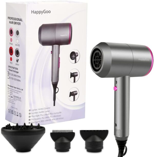 HappyGoo Hair Dryer Professional Ionic Hairdryer with 2 Speed 3 Heat Setting, Cool Shot Button, 1 Diffuser & 2 Concentrator, Hairdryers for Women & Man - Light Gray - Image 7