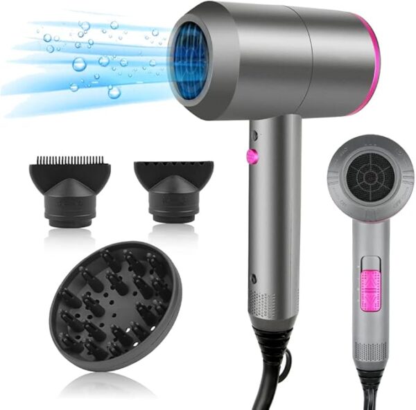 HappyGoo Asciugacapelli Professionale AC Motore Phon Capelli Ionico Phone Capell con 3 Impostazioni di Calore, Tasto Aria Fredda con 1 Diffusore e 2 Concentratori per Molte Acconciature