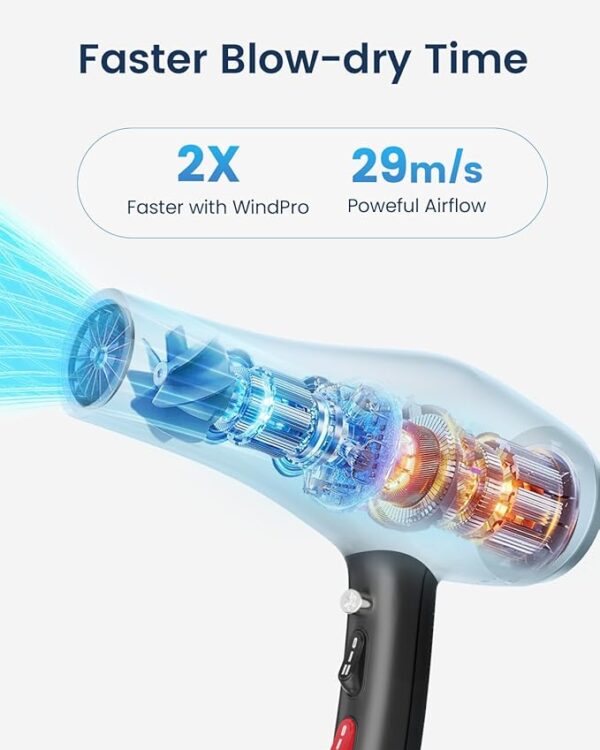 HappyGoo Hair Dryer Professional Ionic Hairdryer Fast Drying Salon with 2 Speed 3 Heat Setting, Cool Button, with Diffuser, Nozzle, Concentrator Comb for Women Man (Starry Black) - Image 2