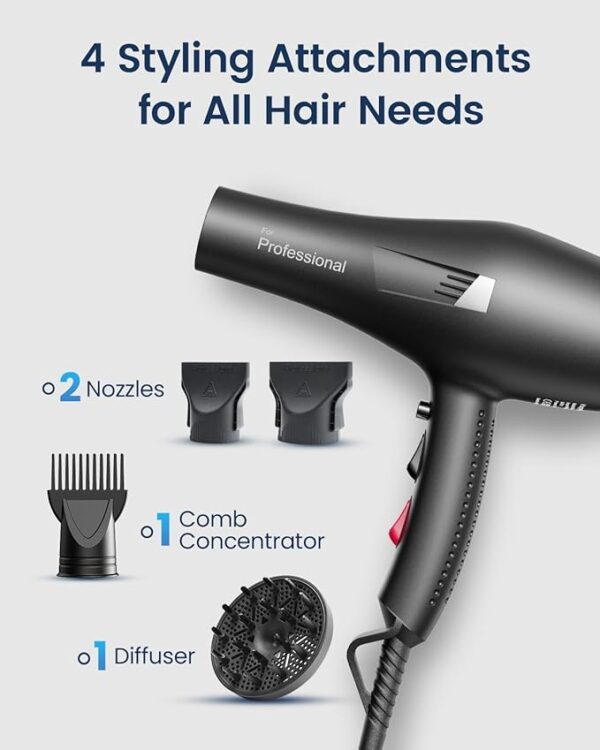 HappyGoo Hair Dryer Professional Ionic Hairdryer Fast Drying Salon with 2 Speed 3 Heat Setting, Cool Button, with Diffuser, Nozzle, Concentrator Comb for Women Man (Starry Black) - Image 5