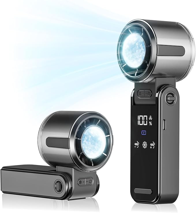 HappyGoo Portable Handheld Fan, 1-100 Speed Brushless Turbo Mini Fan (10000 RPM), 120° Foldable Desk Fan with Cool Ice Compress, USB Rechargeable for Travel, Commuting, Office, Makeup & Eyelash Dry