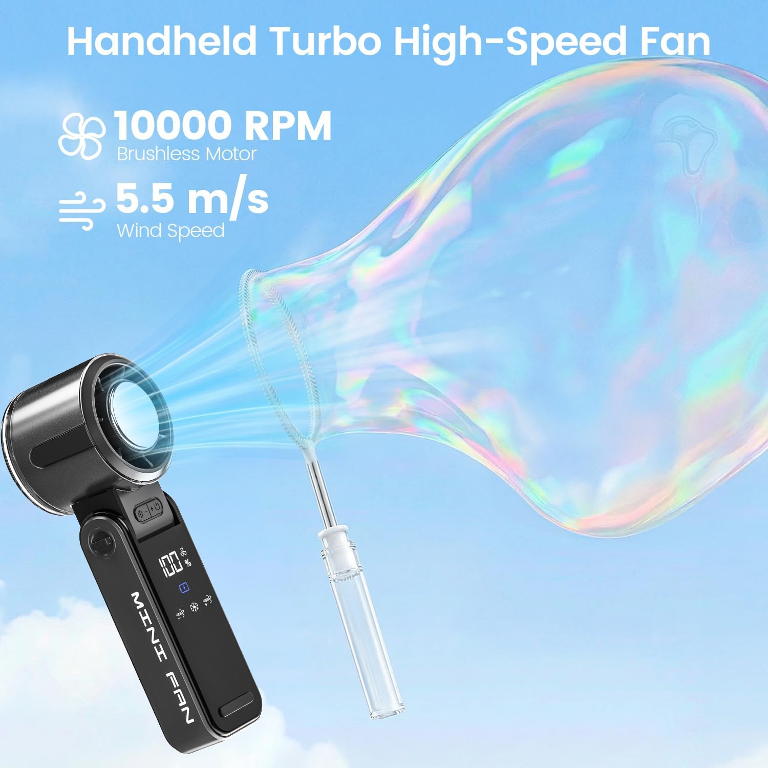 HappyGoo Portable Handheld Fan, 1-100 Speed Brushless Turbo Mini Fan (10000 RPM), 120° Foldable Desk Fan with Cool Ice Compress, USB Rechargeable for Travel, Commuting, Office, Makeup & Eyelash Dry - 图片 2
