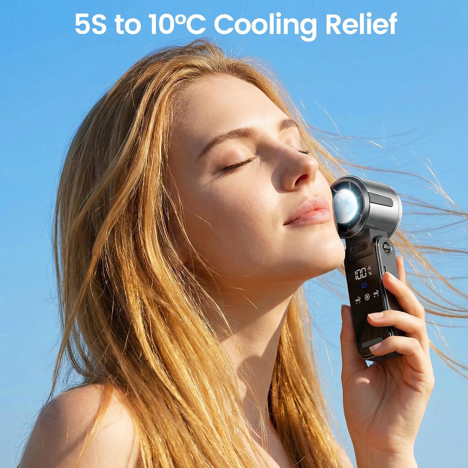 HappyGoo Portable Handheld Fan, 1-100 Speed Brushless Turbo Mini Fan (10000 RPM), 120° Foldable Desk Fan with Cool Ice Compress, USB Rechargeable for Travel, Commuting, Office, Makeup & Eyelash Dry - 图片 8