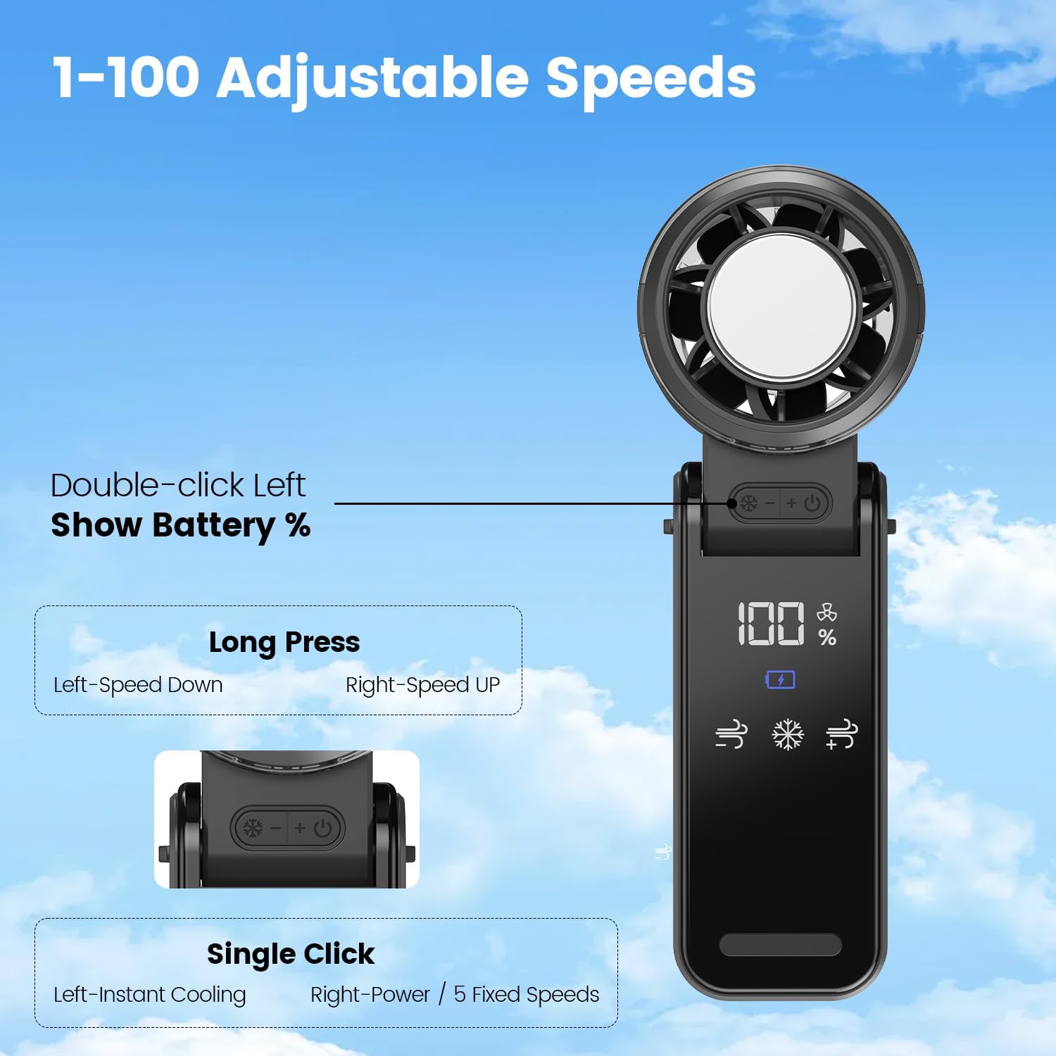 HappyGoo Portable Handheld Fan, 1-100 Speed Brushless Turbo Mini Fan (10000 RPM), 120° Foldable Desk Fan with Cool Ice Compress, USB Rechargeable for Travel, Commuting, Office, Makeup & Eyelash Dry - 图片 4